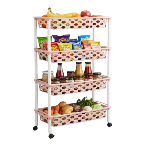 COSHANO Carrito verdulero con 4 Niveles Tipo Slim y Ruedas - Carro de plástico de Almacenamiento - Cestas Apilables para Frutas, Verduras, Cocina 85x61x19cm (Rosa Palo)