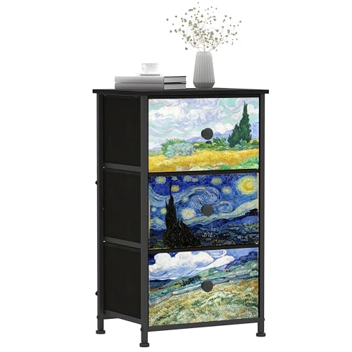 Welfuturer Dresser with 3 Drawers Van Gogh Drawer Dresser for Bedroom Narrow Nightstand Small Dressers & Chests of Drawers for Halfway Entryway Closets Living Room Sturdy Steel Frame Wood Top