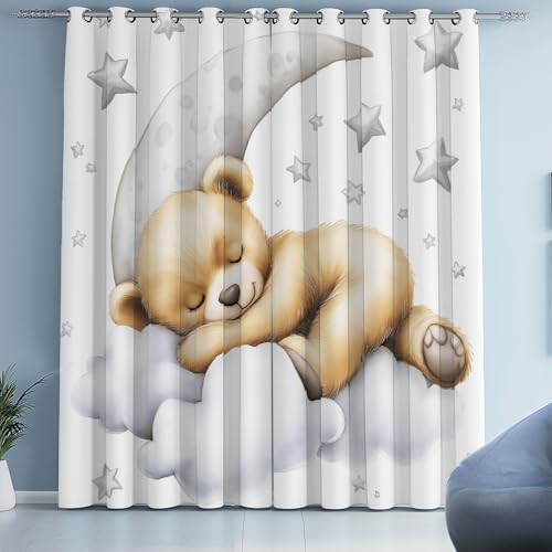 Tyafsgvqo Mignon Ours Ourson Poupée Rideau 140x180 cm, Thermique Isolant Anti Froid, Rideau Lune Nuage Étoiles, Lot de 2 Rideaux Occultant Opaque à...