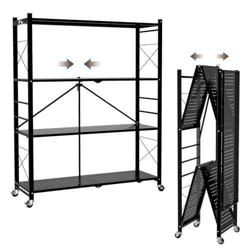 UEAKPIC 39.4" Wide 4-Tier Foldable Storage Shelves with 4 Wheels & 20 Hooks, Heavy Duty Metal Folding Shelf Unit, No Assembly, Adjustable 3rd Shelf for Kitchen, Garage, Pantry, Bookshelf, Black by UEAKPIC - Used condition - US$75.03