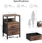 Table de chevet côté nuit Chambre - Table de chevet avec borne de recharge, Table de lit avec étagère de rangement & 2 Tiroirs de tissu pour chambre, table de fin avec ports U-S-B & AC Les sorties, Tan