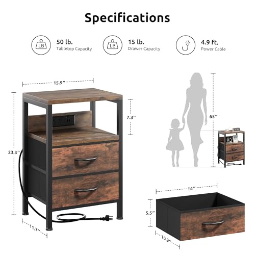Lazzanto NightStand Bedside Charging Table Bedroom - Brown Night Stand with Charger Station, Modern Bed Side End Table with Open Shelf & 2 Fabric Drawers, USB-C Port for Dorm, Living Room - Image 2