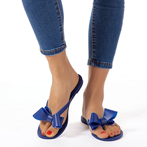 Image of Mtzyoa Women Flip-Flops Flat Sandals Jelly Bow Beach Flat Rivets Rain Cute Dressy Summer Sandals