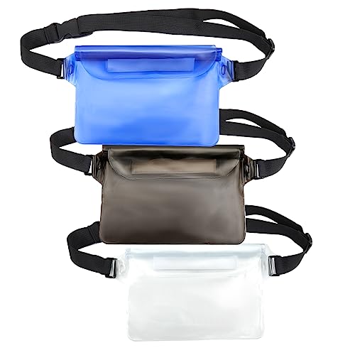 3PCS Waterproof Pouch with Adjustable Waist Strap, Phone Water Protector Pouch for Beach Accessories, Waterproof Dry Bag Wallet for Phone Protector in Boating Swimming (Balck, Transparent, Blue)