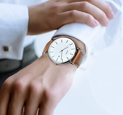 Burei Silver Wrist Watch For Men Minimalist Analog Dress Watch Watchproof Quartz Brown Leather Band Watches For Men #TOP3