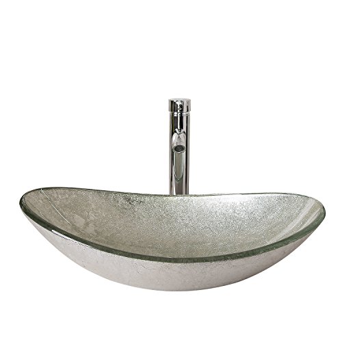 Walcut USBR1046 Bathroom Modern Oval Artistic Glass Vessel Sink with Chrome Faucet & Chrome Pop-up Drain Combo