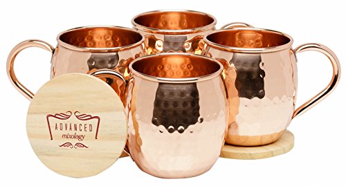 Advanced Mixology Moscow Mule Copper Mugs - 100% Pure Copper, 16 Ounce Set of 4 with 4 Artisan Hand Crafted Wooden Coasters