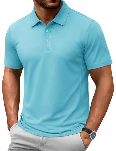 Cotrasen Men's Polo Shirts Short Sleeve Cotton Pique 3 Button Golf Shirt Regular Fit Soft Casual T-Shirts Sky Blue XL