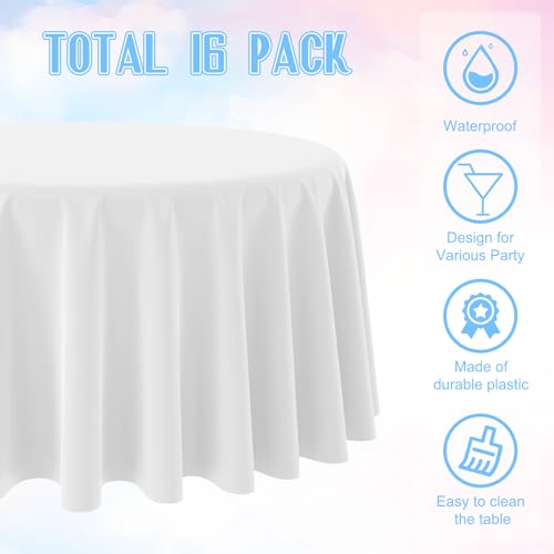 Image of 16 Pack White Plastic Tablecloth for Round Tables, Premium Decorative White Disposable Table Cloths for Parties, Bulk Round Party Table Cover for Birthday Wedding Anniversary Graduation, 84 Inch
