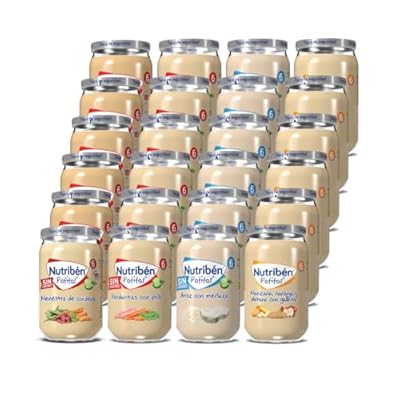 Nutribén Pack de 24 Potitos variados | Menestra de cordero | Pollo con guisantes y zanahoria | Arroz con merluza | Manzana  Naranja  Plátano y Galleta - Desde los 6 Meses - 24 x 235gr