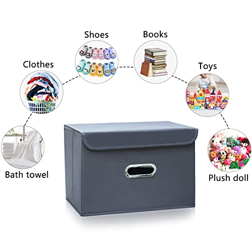 Sevendome Linen Fabric Foldable Collapsible Storage Cube Bin Organizer Basket With Lid, Leather Handles, Removable Divider For Home, Closet (Grey, 3Pcs) #TOP4