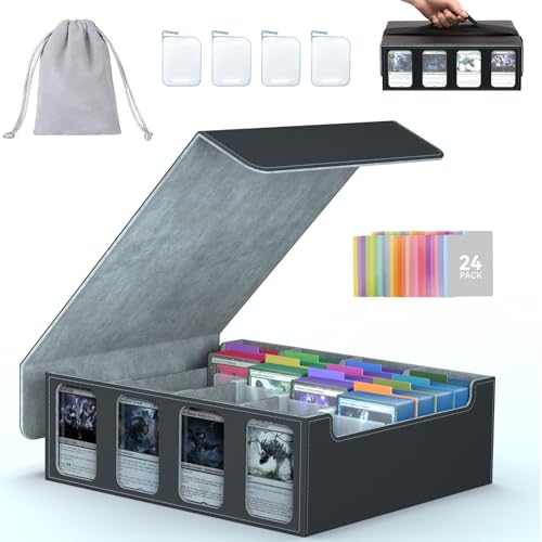 Image of 4-Row Trading Card Storage Box, Bulk Cards Case for 3200+ Mtg tcg Magic Playing Game Card Organizer, Commander Deck Box with 4 Supports & 24 Dividers & Strap