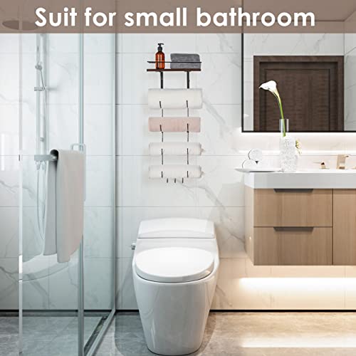 Elyken Wall Towel Rack For Rolled Towels, Hanging Towel Storage For Small Bathroom, Metal Towel Holder With 1.8” Guardrail Shelf And 3 Hooks For Rv, Hotel Organizer Shelves, Rustic Brown #TOP4