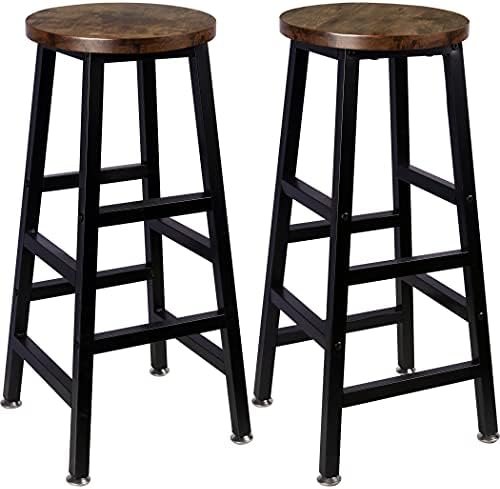 Tektalk Round Bar Stool Square Leg Vintage Rustic Brown Easy Assembly for Home Kitchen Counter - Set of 2