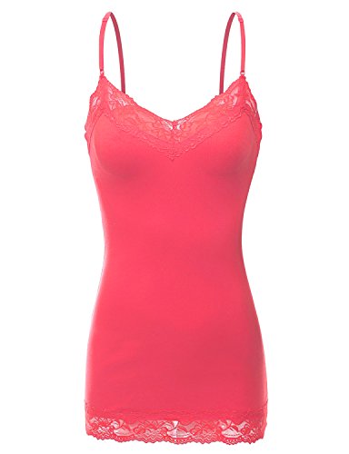 XT1004L Ladies Adjustable Spaghetti Strap Lace Trim Long Tunic Cami Tank Top Coral XL