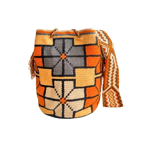 Wayuu mochila bag traditional | Large mochila | Colombian bag | Woven Crossbody Bucket Bag (Orange, grey & beige flowers.)2