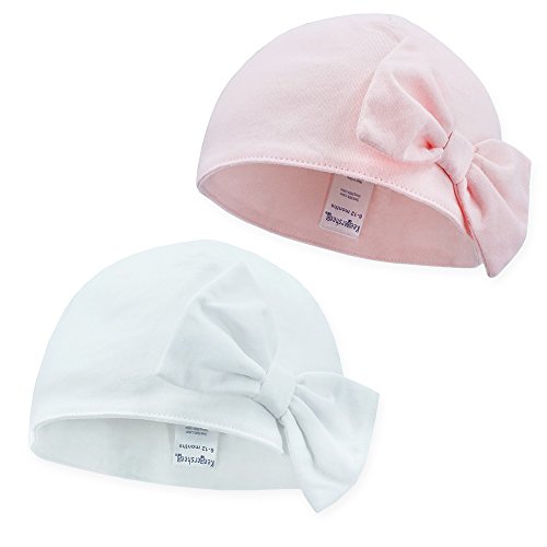 Keepersheep Infant Baby Girls' Double Layered Bowknot Beanie Hat, Todder Beanie Hat with Bowknot, 100% Cotton (0-6 Months, White/Pink)