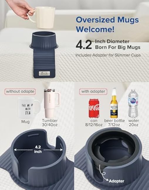 Couch Cup Holder, Elimiko Silicone Sofa Drink Holder with Upgrade Large Cup Holder, for Oversized Mug/Cup/Tumbler/Drink/Coffee/Bottle/Cans (Navy Blue)