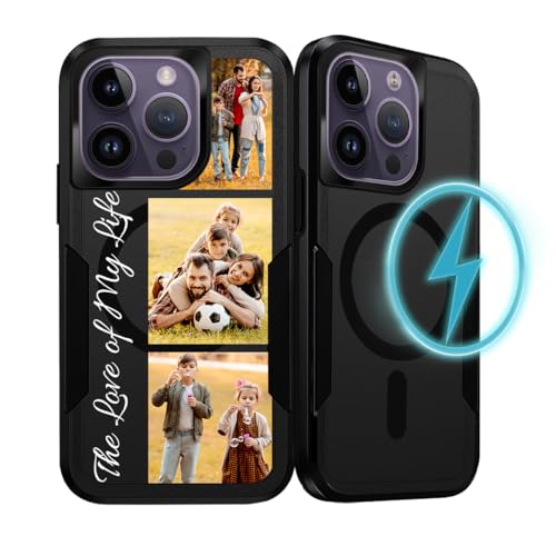 Custom Black Phone Case for iPhone 16 15 14 13 Pro Max Plus 12 11 Compatible with MagSafe Personalized Collage Multiple Photos Customize Heavy Duty Shockproof Military Grade Drop Protection Cover