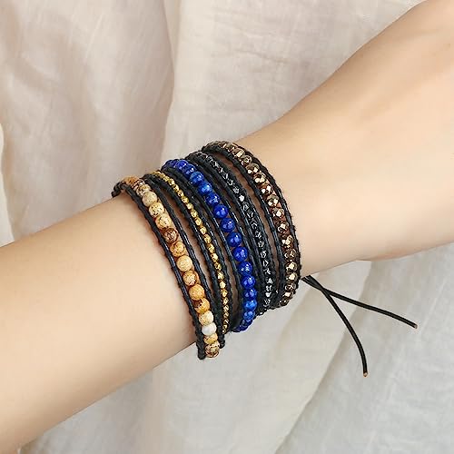 Image of KELITCH Mix Beaded with Metal Bead Bracelet on Leather 5 Wrap Bracelet Handmade New Top Jewelry (Dark Blue)