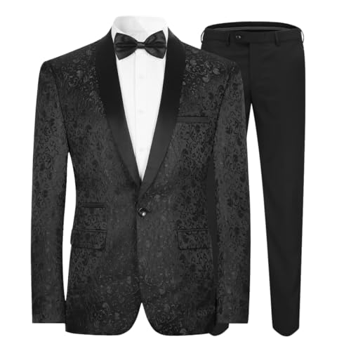 Allthemen Traje de Esmoquin Jacquard Ajustado de 2 Piezas para Hombre para graduación de Fiesta de Boda Negro S