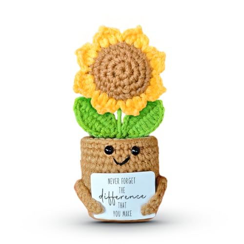 Mini Sunflower Teacher Appreciation Gifts, Thank You Gift for Teacher Boss Manager, Handmade Crochet Positive Plant with Card, Cute Small Desk Decor, End of School Year Christmas Graduation Present