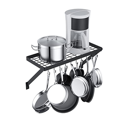 Hoooh Square Grid Wall Mount Pot Rack Storage Shelf With 10 Hooks, Kitchen Cookware Hanging Organizer, Black, Kpr301A-Bk #TOP5