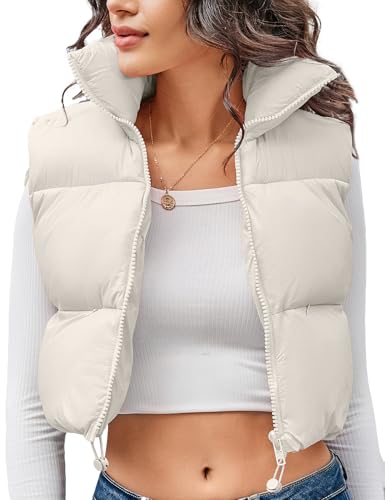 Kissonic Women's Cropped Puffer Vest Lightweight Fluffy Vest Sleeveless Warm Winter Outerwear(White-S)