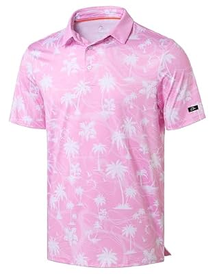 Obla Mens Golf Polo Shirts Short Sleeve Dry Fit Casual Print Collared Golf Shirts Wicking for Men(Pink Coconut Beach_XXL)
