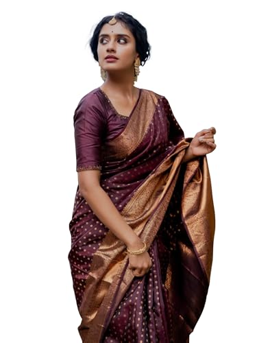 Image of Sugathari Women's Maroon Banarasi Kanchipuram Art Silk Saree for Women - Traditional Wedding & Party Saree with Blouse Piece - Ethnic Indian Silk Saree for Bridal, Festive (KS-156)