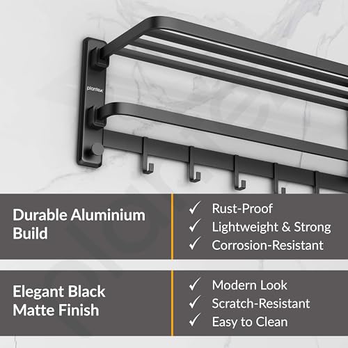 Image of Plantex Self Adhesive Towel Hanger for Bathroom /90 Folding Towel Rack for Bathroom 24 Inch /Towel Holder /Bathroom Accessories - Pack of 1(Black, 6800)