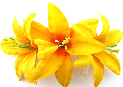 Triple 3.5" Yellow Lily Silk Flower Hair Comb #TOP1