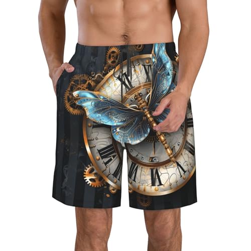 Men's Quick Dry Swim Shorts Dragonfly Gears Striped Steampunk Dark Beach Trunks with Pockets