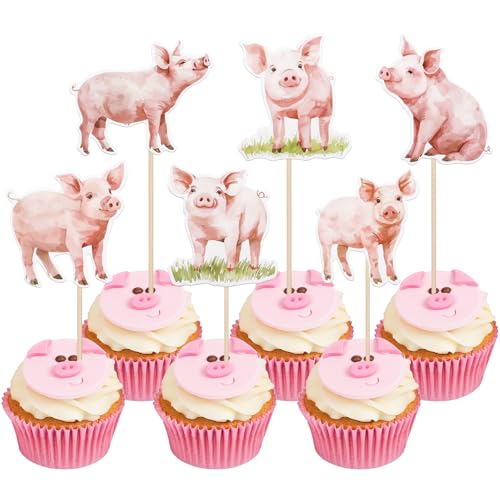 36 PCS Pig Cupcake Toppers Double Sided Pet Pig Cupcake Picks Farm Pig Oink Cupcake Decorations for Farm Animals Piggy Theme Baby Shower Kids Boys Girls Birthday Party Cake Decorations Supplies Pink