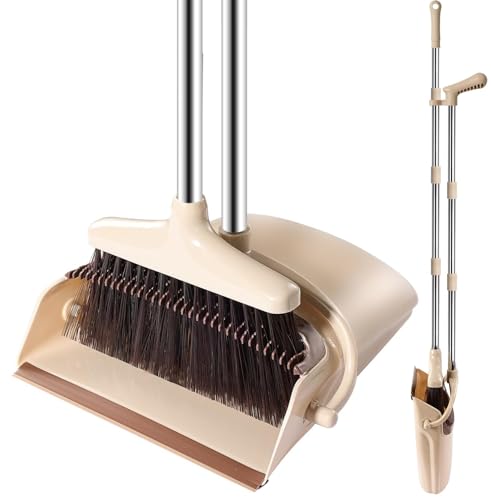 Bingobang Dustpan and Brush Set Long Handled – Broom and Dustpan Set Reduce Bending Tall Lobby Dustpan and Sweeping Brush (Beige-brown)