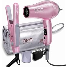 DAN Technology Flat Iron Blow Dryer Set, Small Flat Irons with Travel case, Concentrator Nozzle & EU Plug Adapter, Dual Voltage & Folding Handle, Pro Hair Dryer Set...