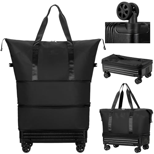 Duffle Bag with Wheels,Wheeled Duffle Bag,Bag on Wheels,Large Suitcases with Wheels,Foldable Travel Bag,Expandable Luggage,Carry on Luggage for Women Men (Black) by AUULA - Used condition - CA$55.19