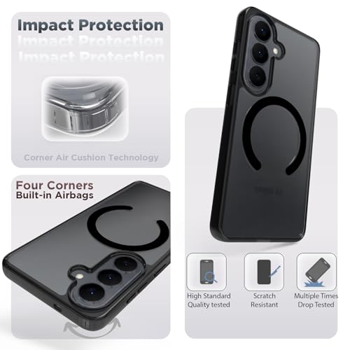 Image of RIGGEAR Shockproof Clear Hybrid Armor Magnetic Back Cover Case Compatible with MagSafe Accessories for Samsung Galaxy S26 (Clear-Black TPU Bumper + Transparent PC)(Black)