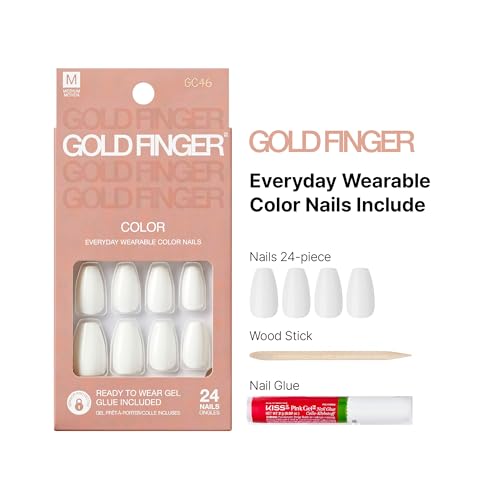 GoldFinger False Nails Kit, Ready to Wear Classic White Color Fake Nails, Manicure Stick and Glue Included, Medium Coffin Shape, Long-Lasting Hottest Trend Glue on Nails - Thumbnail 4