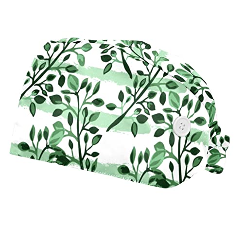 Paquete de 2 hojas de ramas de árbol verdes pintadas con acuarela, gorra de trabajo ajustable con botones, bufanda elástica para la cabeza con banda para el sudor para mujeres y hombres
