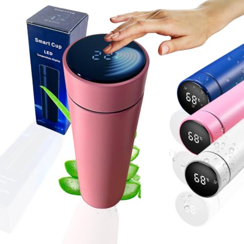 Termo de acero inoxidable 304 de 500 ml con indicador de temperatura táctil LED, aislado al vacío para bebidas calientes y frías, incluye colador de té, a prueba de fugas y sin BPA (rosa)