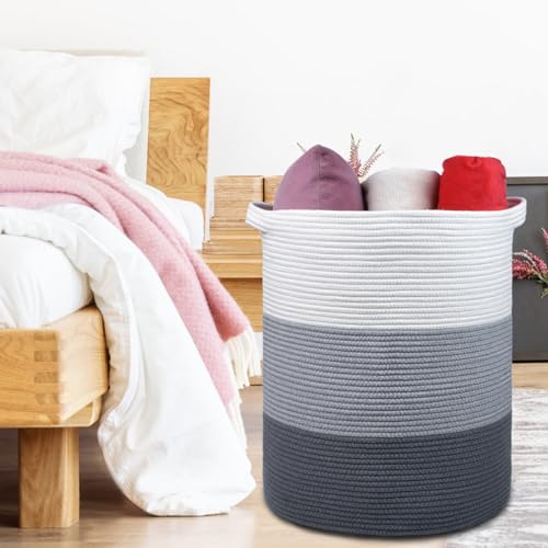 Image of Cotton Rope Blanket Basket, 72L Tall Laundry Hamper, White & Gray | 16 inchx 22 inch, Large Collapsible Woven Nursery Hamper with Sturdy Handles for Clothes Toys Towels, Bedroom Living Room Bathroom