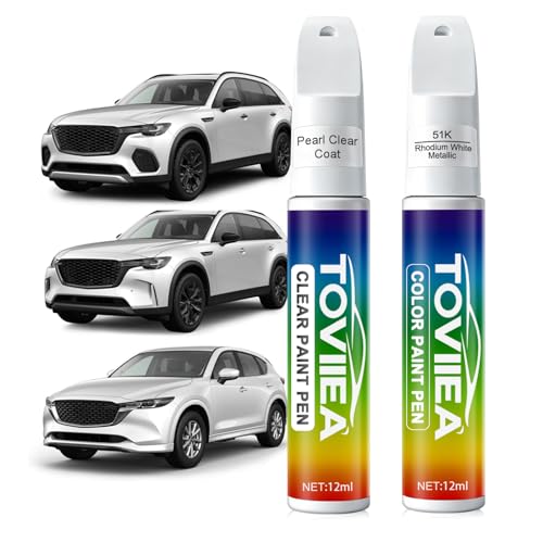 Toviiea Rhodium White Metallic(51K) Touch Up Paint Compatible with MAZDA,2-In-1 Car Scratch Remover Pen,Car Paint Scratch Repair Kit for Scratches,Chips & Nicks,2-PCS SET