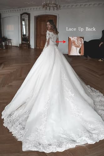 Mouccy Women's Princess Lace Wedding Dresses with Train Lace Long Sleeve Wedding Ball Gowns A-line Bridal Gowns for Bride2