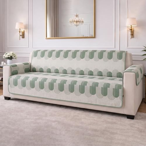 Image of STITCHNEST 'CloudFeel Series' Quilted Printed Velvet Sofa Cover for 1 Seater | Premium Soft Velvet Sofa Protector | Green Geometric Arch Design with Armrest Pockets | Furniture Cover
