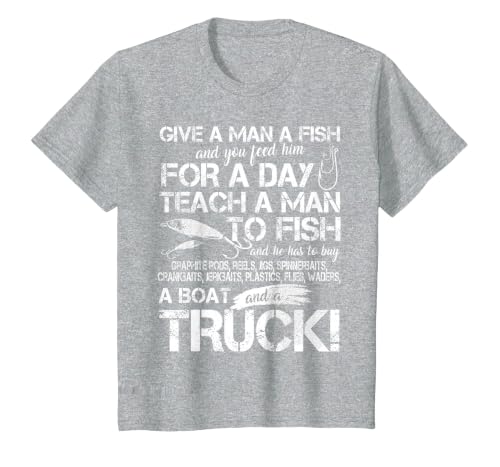 Funny Fishing Teach A Man to Fish T-Shirt T-Shirt, Youth, Heather Grey, 3T