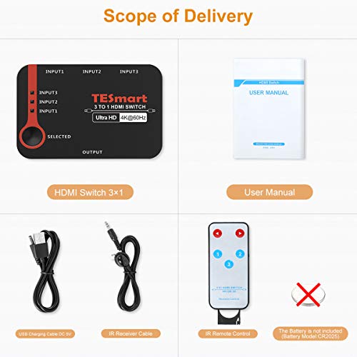 Tesmart 3X1 Hdmi Switch 3 In 1 Out 4K@60Hz, Hdmi Switcher Cec & Automatic Switching With Ir Remote Control, 3 Ports Hdmi Selector Compatible With Hdtv Dvd Xbox Ps4/Ps5 Apple Roku Tv #TOP6