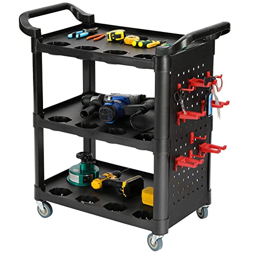 3 Tiers Workshop Garage Tool Storage Trolley Cart Plastic, Heavy Duty Rolling Tools Trolleys on Wheel with 8pcs Hooks and Hanging Plate, Push Along Utility Service Carts w/ 2 Side Handles