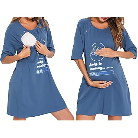 Vlazom Women 3 in 1 Cotton Nursing/Delivery/Labor/Maternity Nightgown Half Sleeve Breastfeeding Sleep Dress Hospital Gown Sleepwear, Dark Blue, L Cover