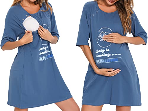 Vlazom Camison Lactancia Hospital para Mujer, Premamá Camison Lactancia de Algodón, Camisón de Labor de Manga 3/4 para Hospital/Hoga(Azul,M)